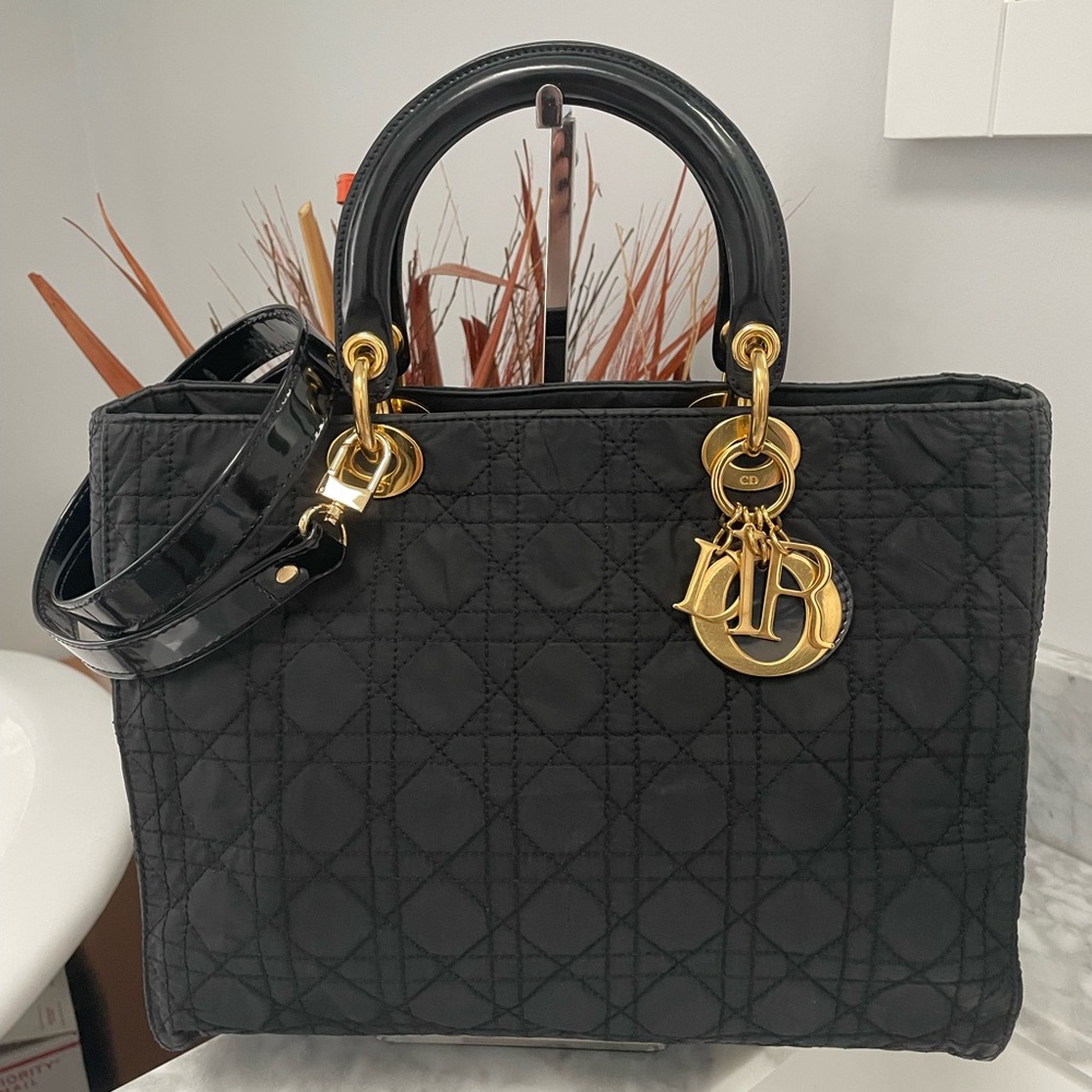 Lady Dior Cannage Bag with Patent Leather Handle